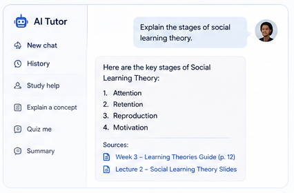 AI tutor chat answering from course materials with sources