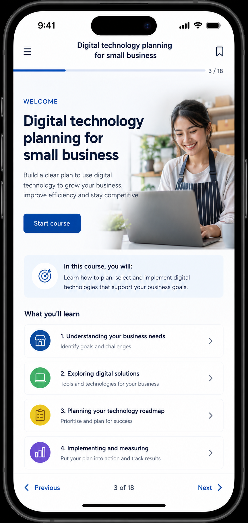 Digital technology planning for small business course on a phone: welcome screen with start course button and four learning modules