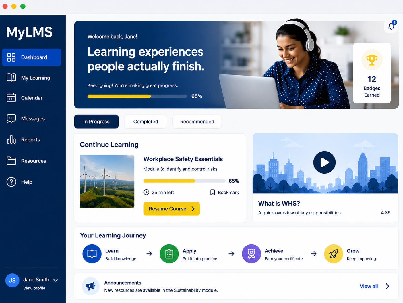 MyLMS learning dashboard: welcome banner with progress, continue-learning card, WHS video and a learn, apply, achieve, grow journey