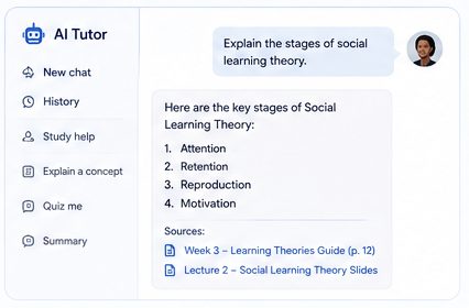 AI tutor chat answering from course materials with sources