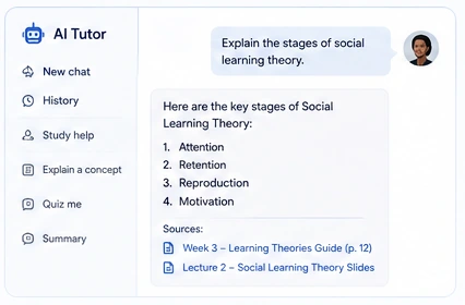 AI tutor chat answering from course materials with sources