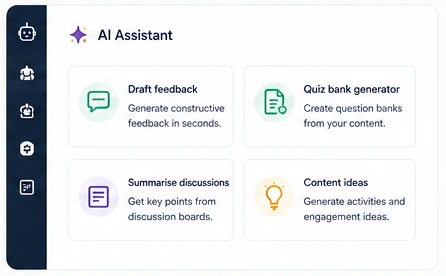 AI assistant tools: draft feedback, quiz bank generator, discussion summaries, content ideas