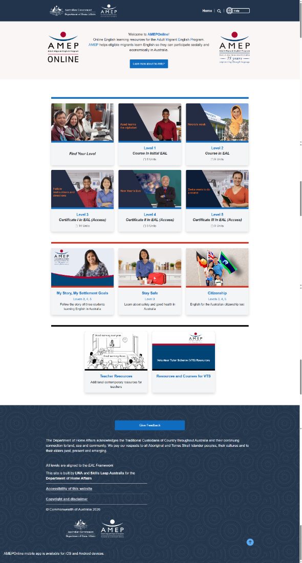 AMEPOnline home page: EAL course levels, citizenship courses and teacher resources