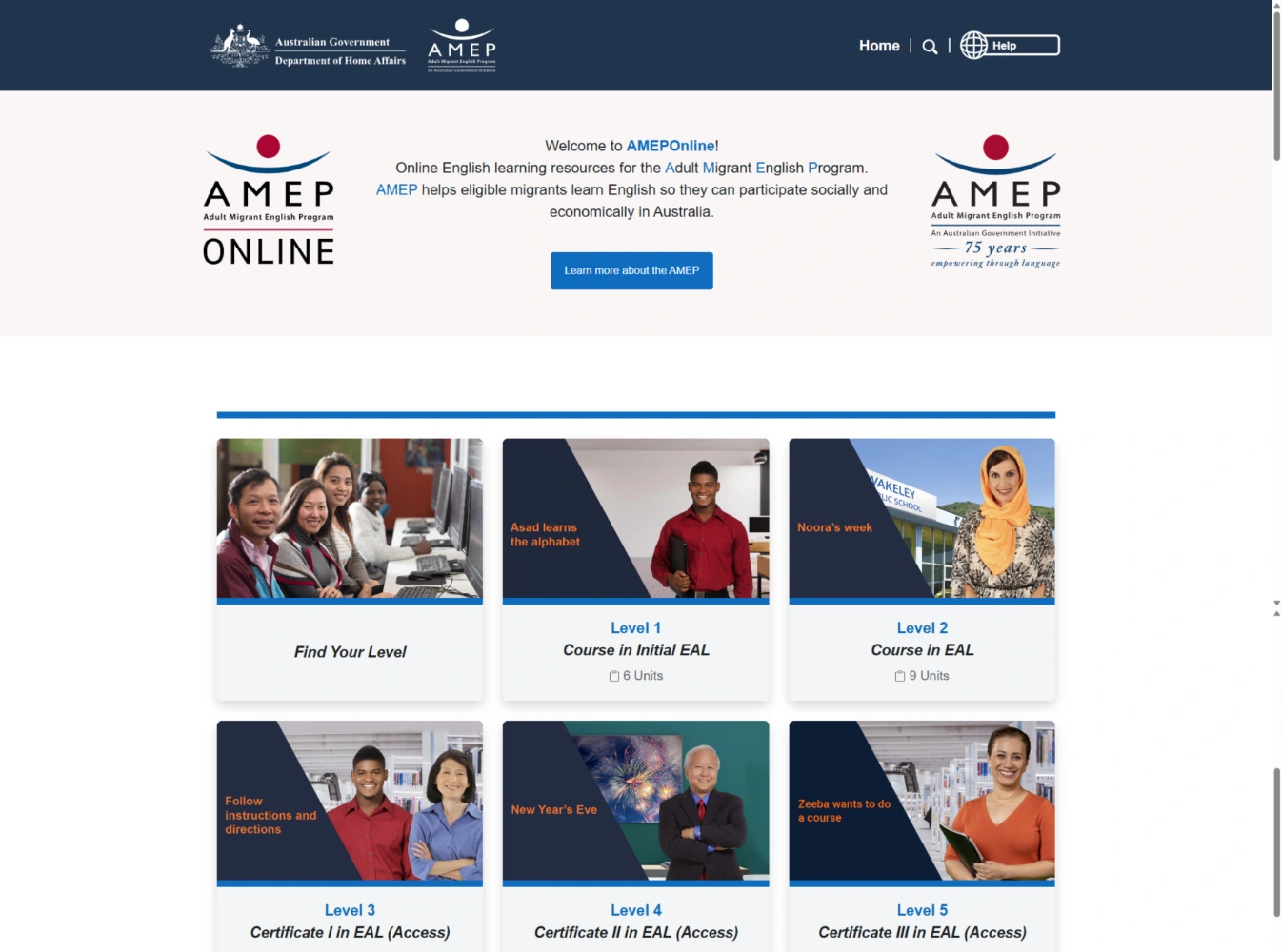 AMEPOnline home page: EAL course levels, citizenship courses and teacher resources