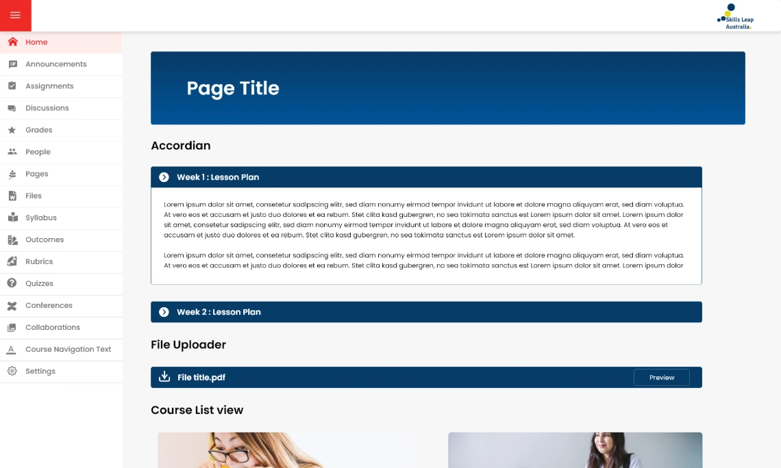 Library of Canvas content blocks: accordions, tabs, tables, checklists and notices