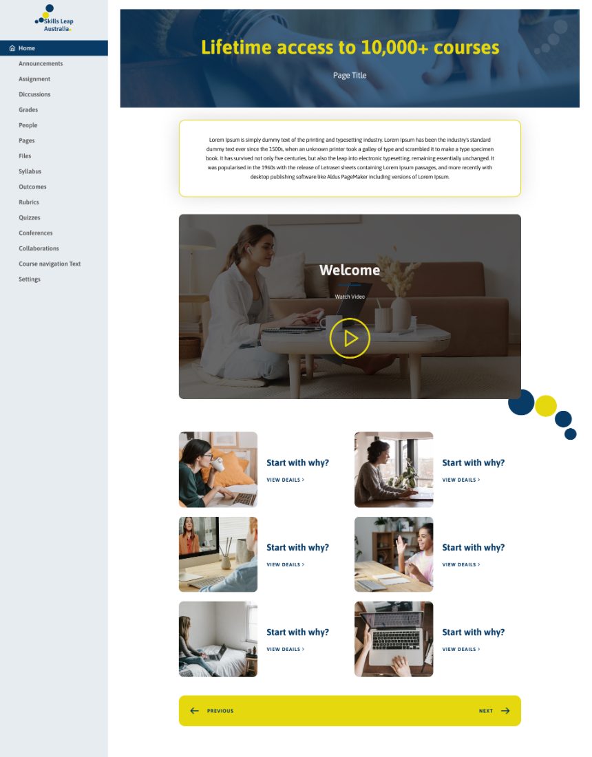 Skills Leap Canvas course home page template in navy and yellow