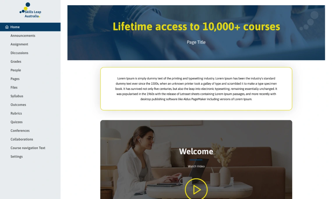 Skills Leap Canvas course home page template in navy and yellow
