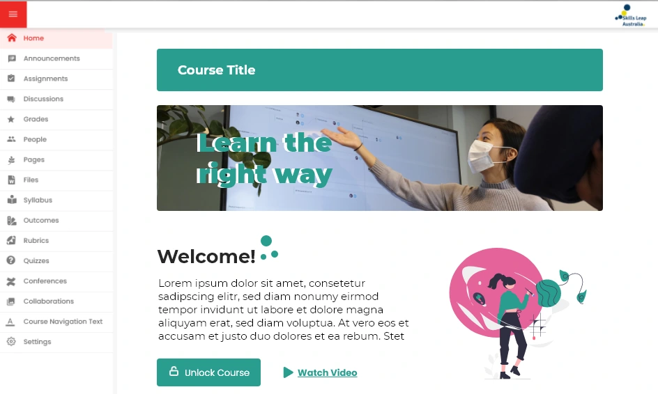 Canvas course template in an alternate teal brand theme