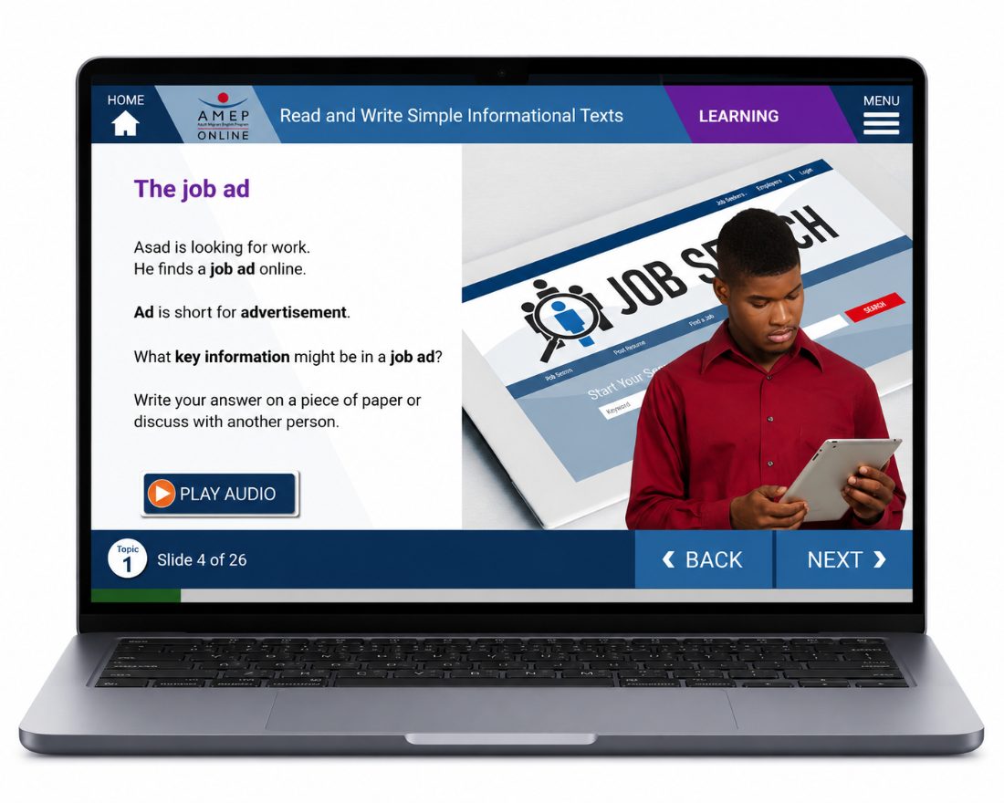 AMEPOnline EAL module on a laptop: The job ad, from Read and Write Simple Informational Texts