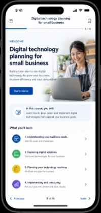 Digital technology planning for small business course on a phone: welcome screen with start course button and four learning modules