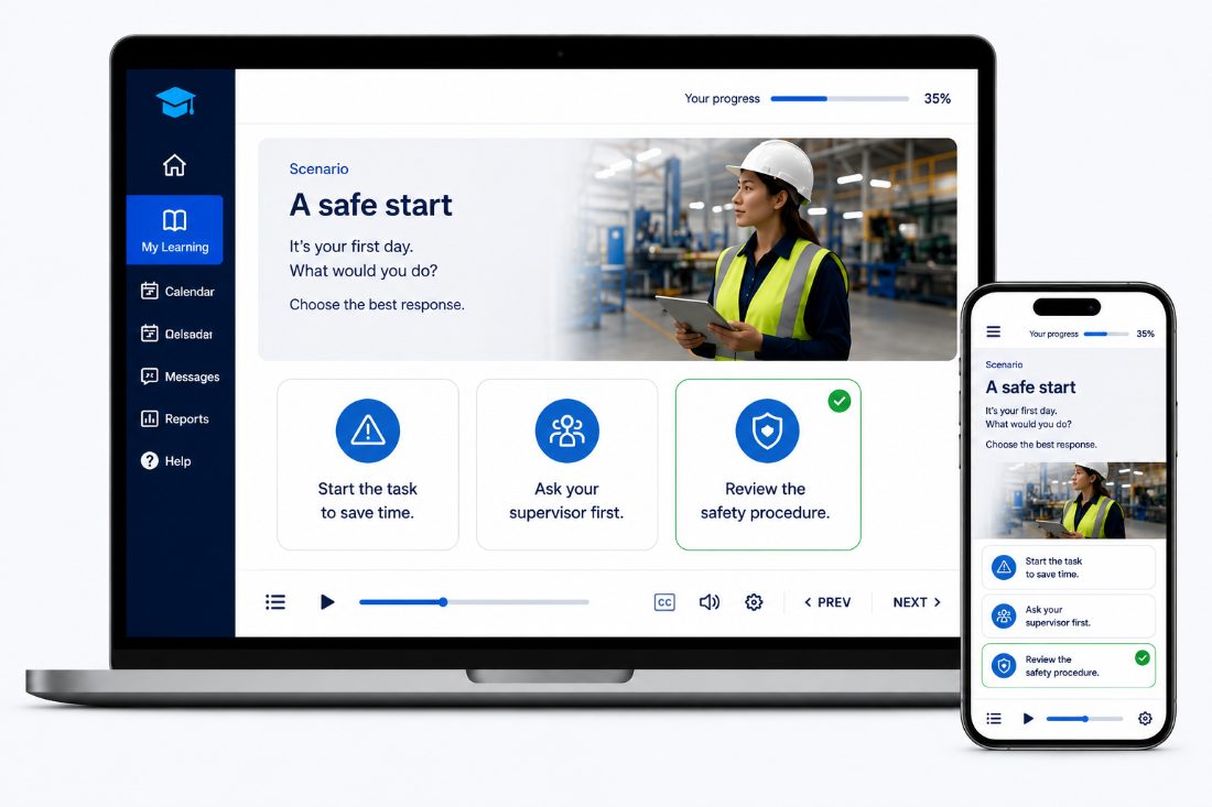 Scenario-based induction module on laptop and phone: a safe start scenario asking what you would do on your first day, with the correct response selected
