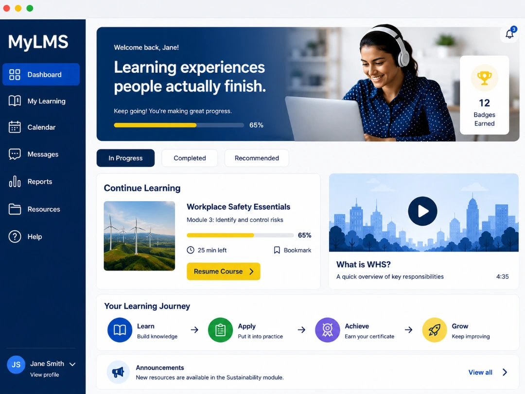 MyLMS learning dashboard: welcome banner with progress, continue-learning card, WHS video and a learn, apply, achieve, grow journey