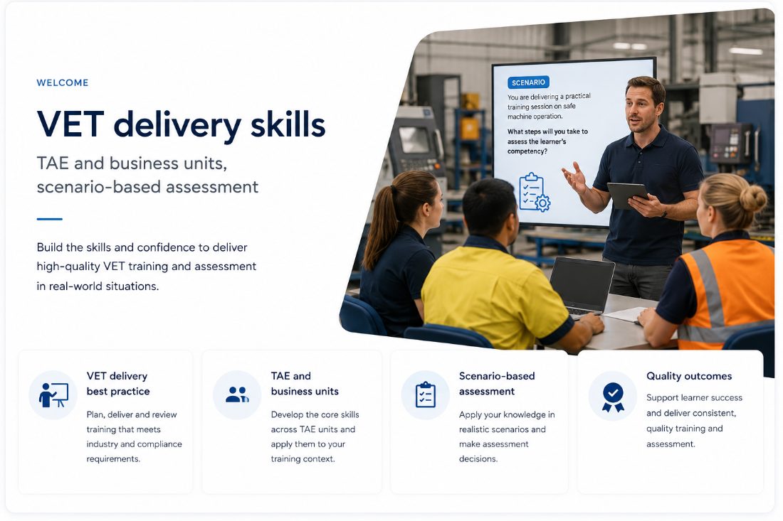 VET delivery skills course welcome screen: scenario-based training session with best practice, TAE units, scenario assessment and quality outcomes